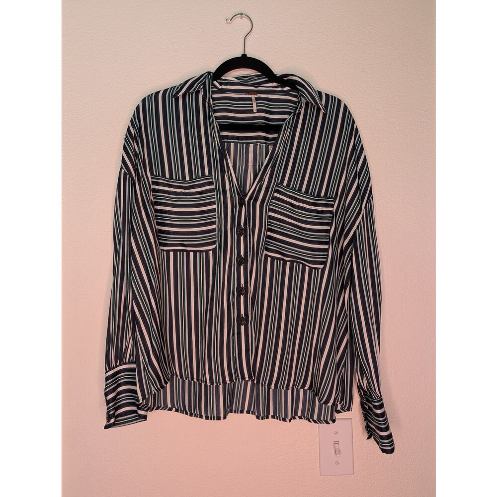 Free People Satin Striped Button-Up Long-Sleeve S Professional Chic Soft Casual
